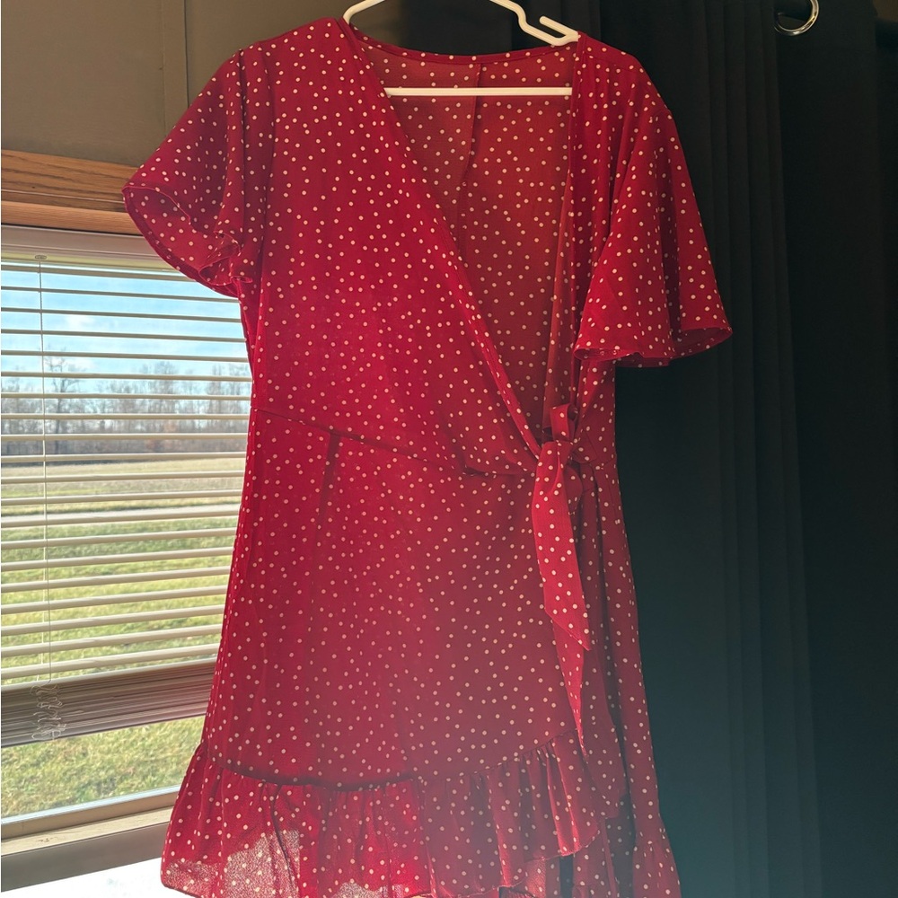 Red poka dot wrap dress